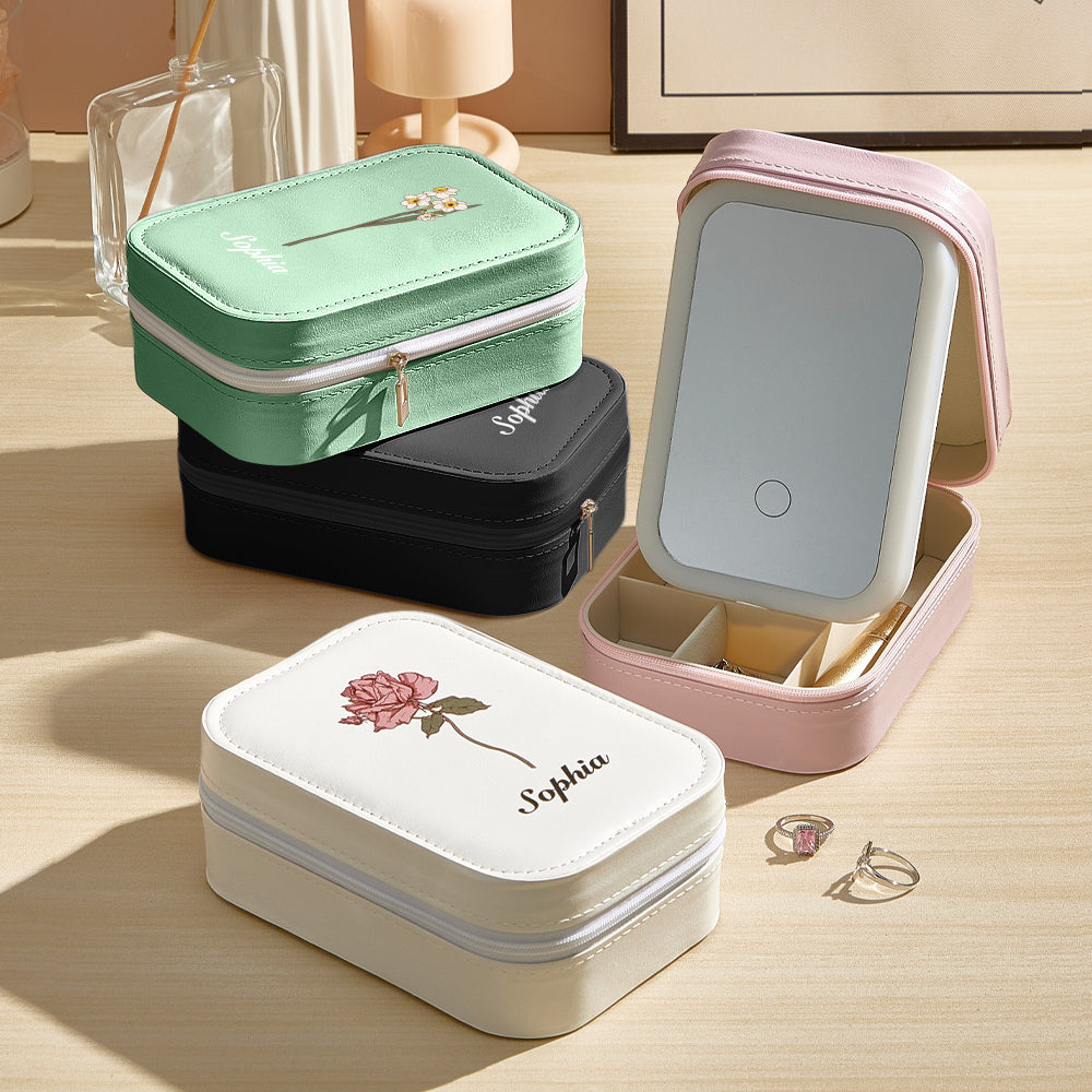 Personalized Birth Flower PU Leather Jewelry Box with LED Makeup Mirror Birthday Gift for Her