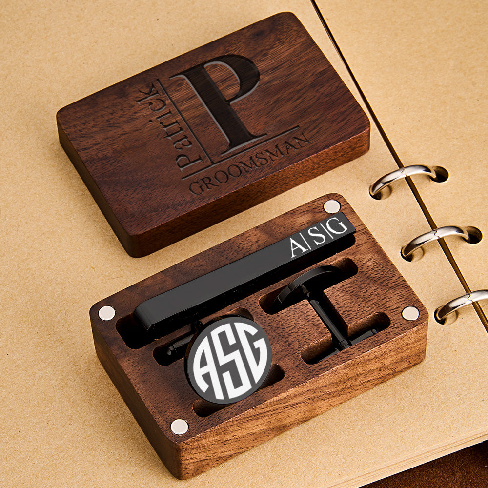 Personalized Engraved Tie Clip and Cufflinks Set with Wooden Box Wedding Gifts for Men