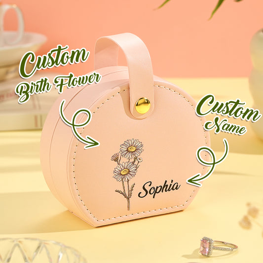 Personalized Birth Flower Jewelry Box with Name PU Leather Jewelry Box Birthday Gift for Her