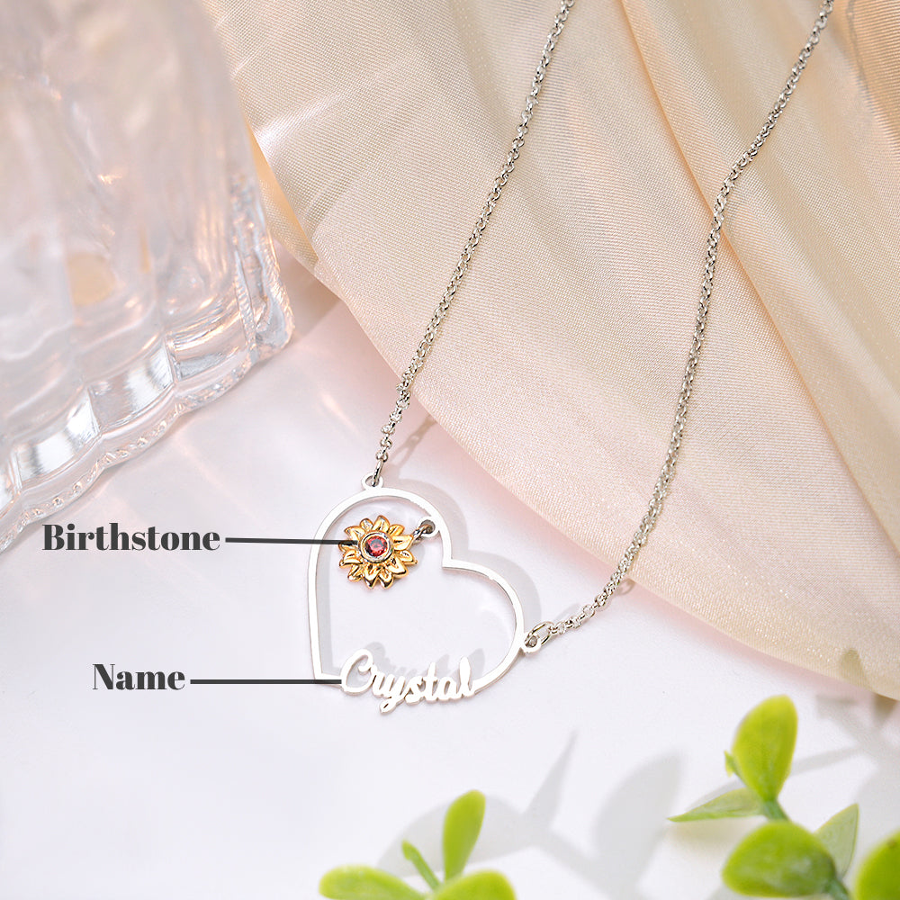 Personalized Heart-Shaped Sunflower Name Necklace with Birthstone Birthday Anniversary Gift for Her