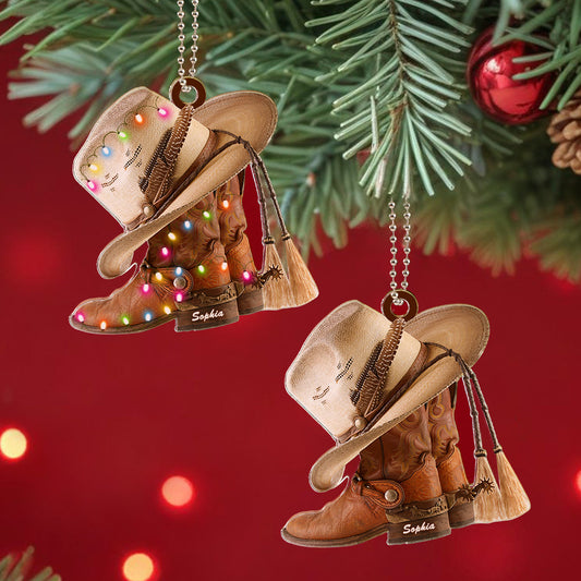 Personalized Cowboy Boots And Hat Car Ornament with Name Rearview Mirror Decoration Gift