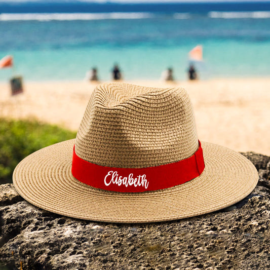 Personalized Straw Fedora Hat with Red Band Custom Beach Hat Gift for Bridesmaid Friends Family Bachelorette Party