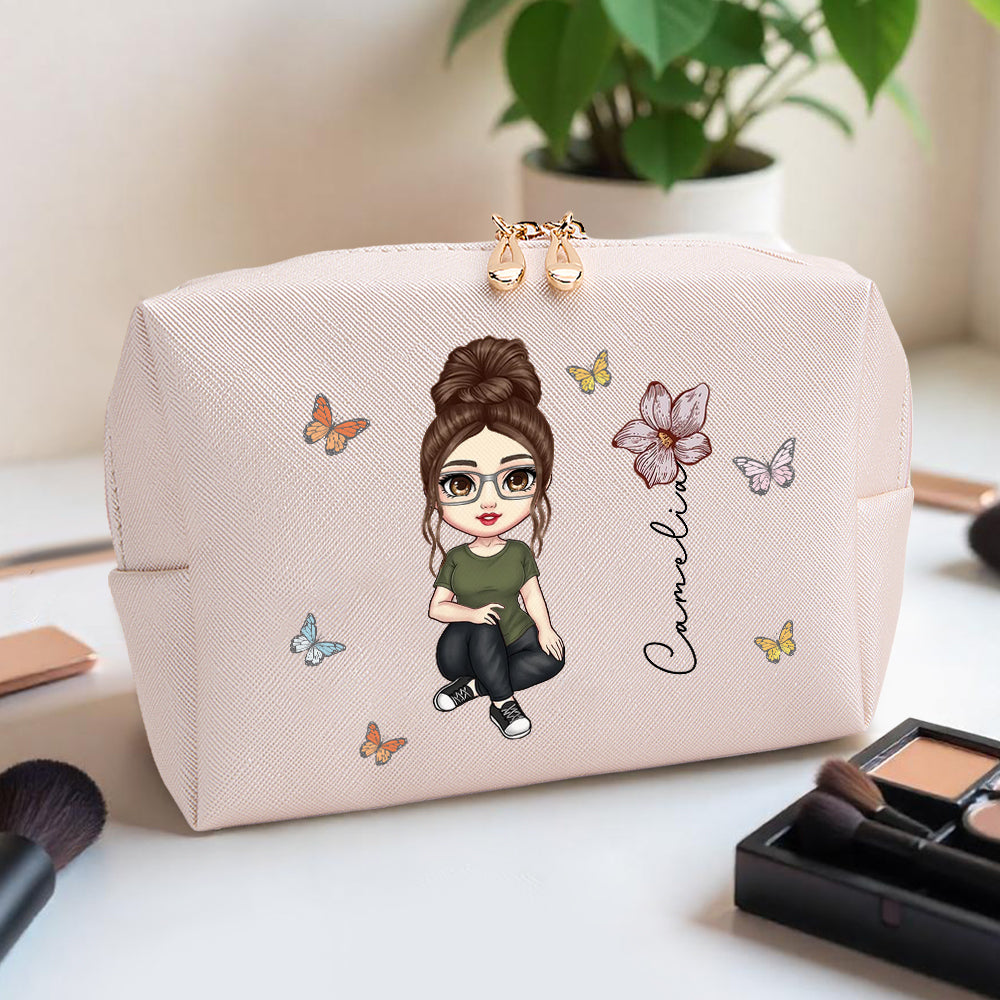 Personalized Cartoon Character Makeup Bag with Birth Flower PU Leather Cosmetic Bag Gift for Her