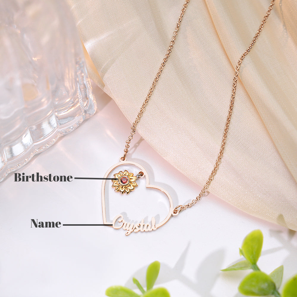 Personalized Heart-Shaped Sunflower Name Necklace with Birthstone Birthday Anniversary Gift for Her