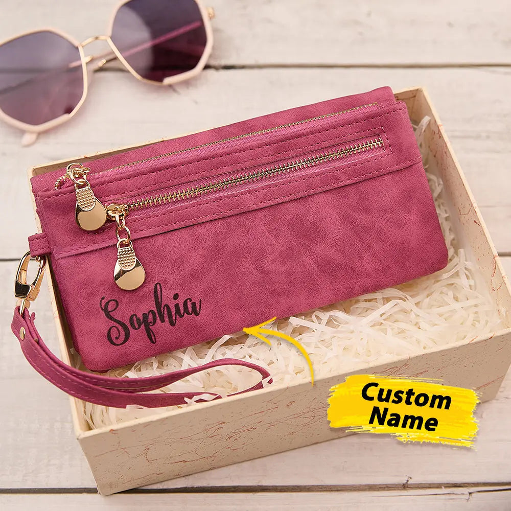 Personalized Leather Wallet with Wristlet Custom Text Wallet Birthday Bridesmaid Gift for Her