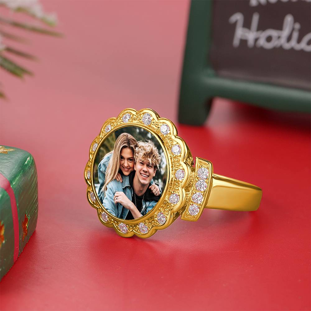 Custom Photo Ring Round Photo with Zircon Mother's Gift