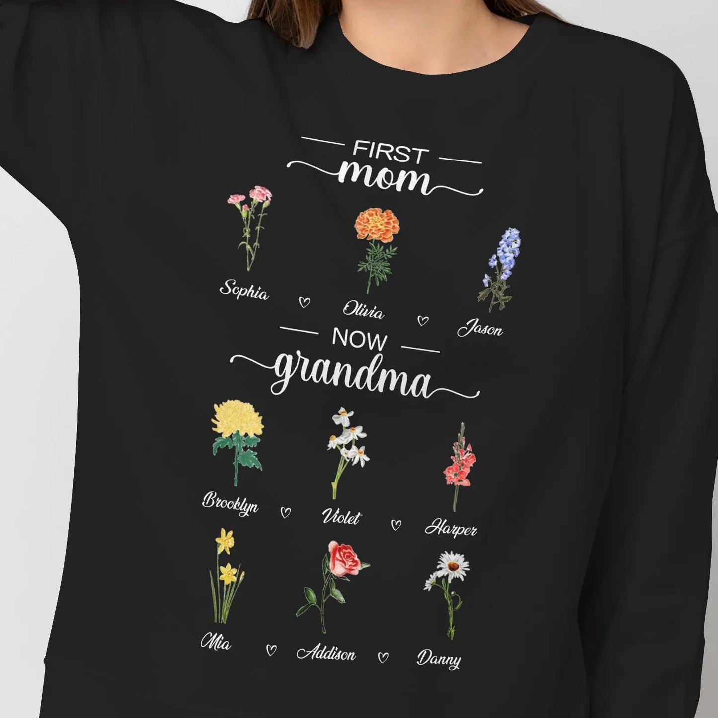 Personalized First Mom Now Grandma Sweatshirt Custom Birth Flowers Sweatshirts for Mother's Day Gift