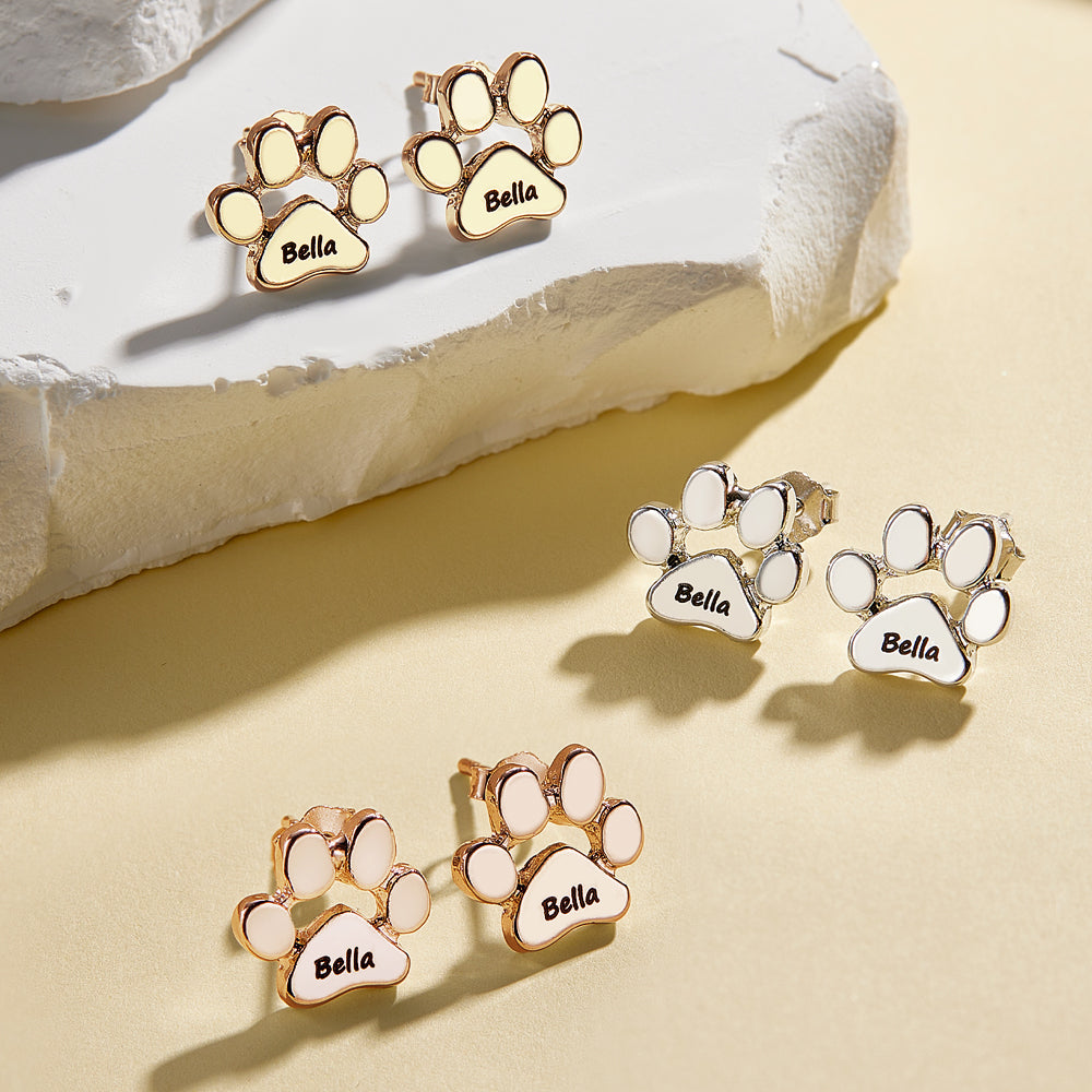 Personalized Cute Paw Print Earrings with Engraved Name Earrings Gift for Pet Lovers