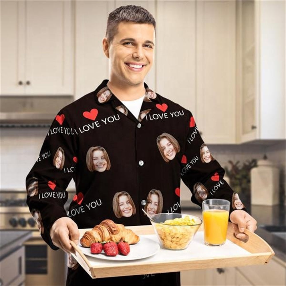 Custom Face Love You Pajamas Set Black Couple Sleepwear Long Sleeve Nightwear