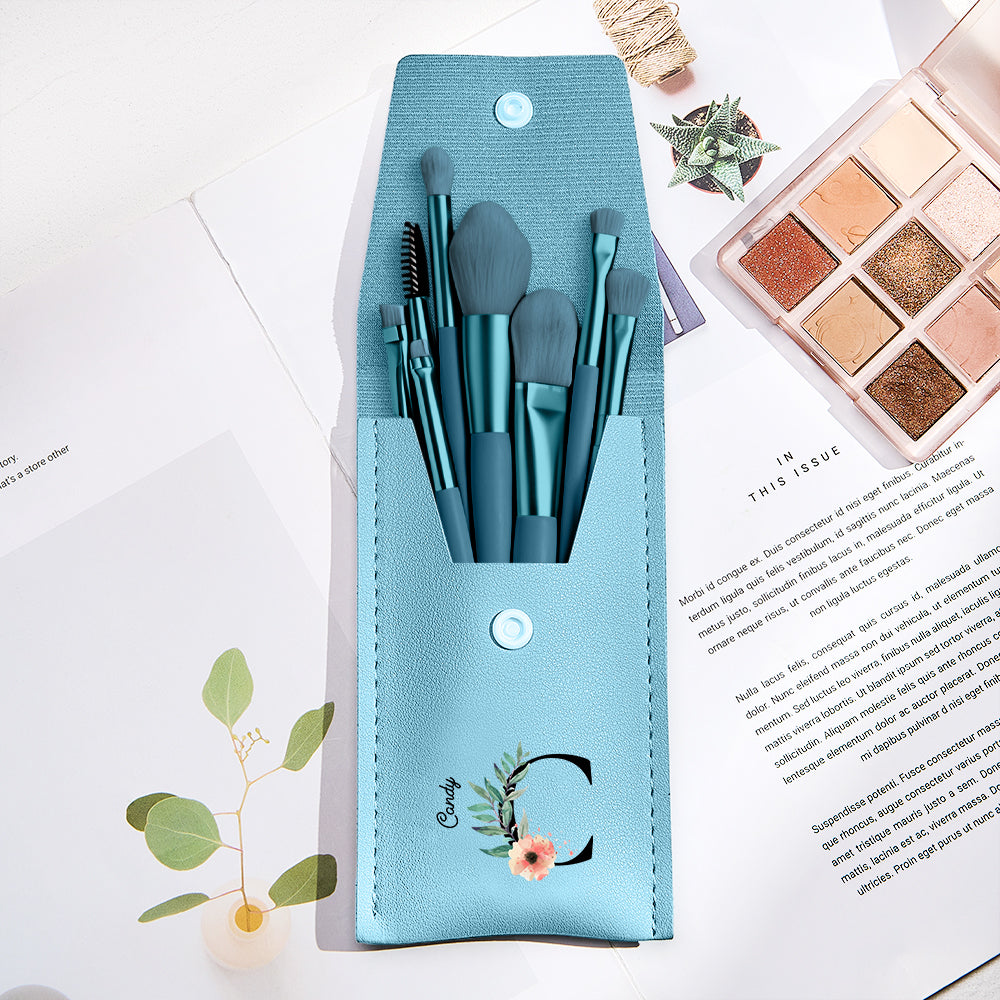 Personalized Flower PU Leather Makeup Brush Bag with 8 Pcs Makeup Brushes Gift for Her