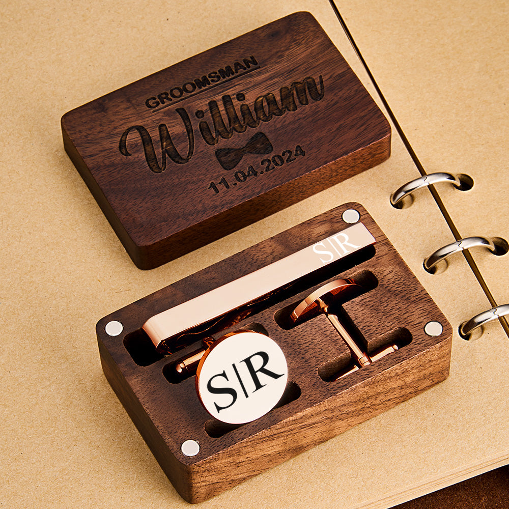 Personalized Engraved Tie Clip and Cufflinks Set with Wooden Box Wedding Gift for Men Groomsmen