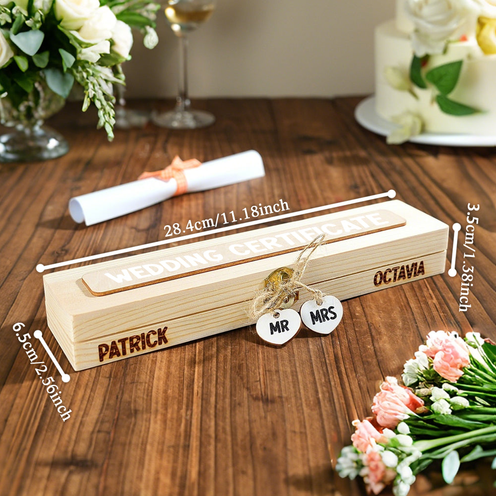 Personalized Wedding Certificate Wooden Storage Box with Mr And Mrs Heart Charms Wedding Gift for Couple