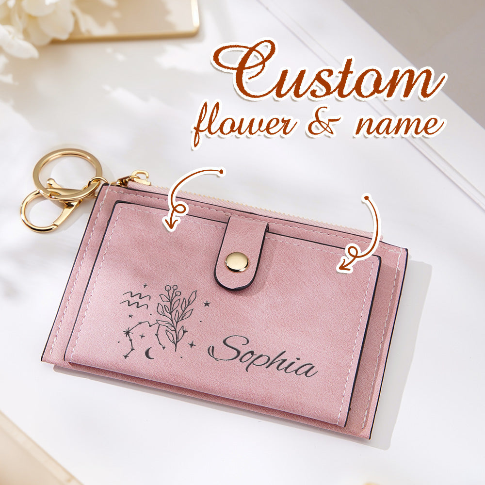 Personalized Zodiac Birth Flower PU Leather Wallet Birthday Anniversary Gift for Her