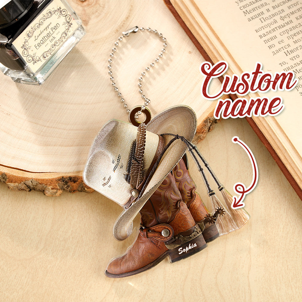 Personalized Cowboy Boots And Hat Car Ornament with Name Rearview Mirror Decoration Gift