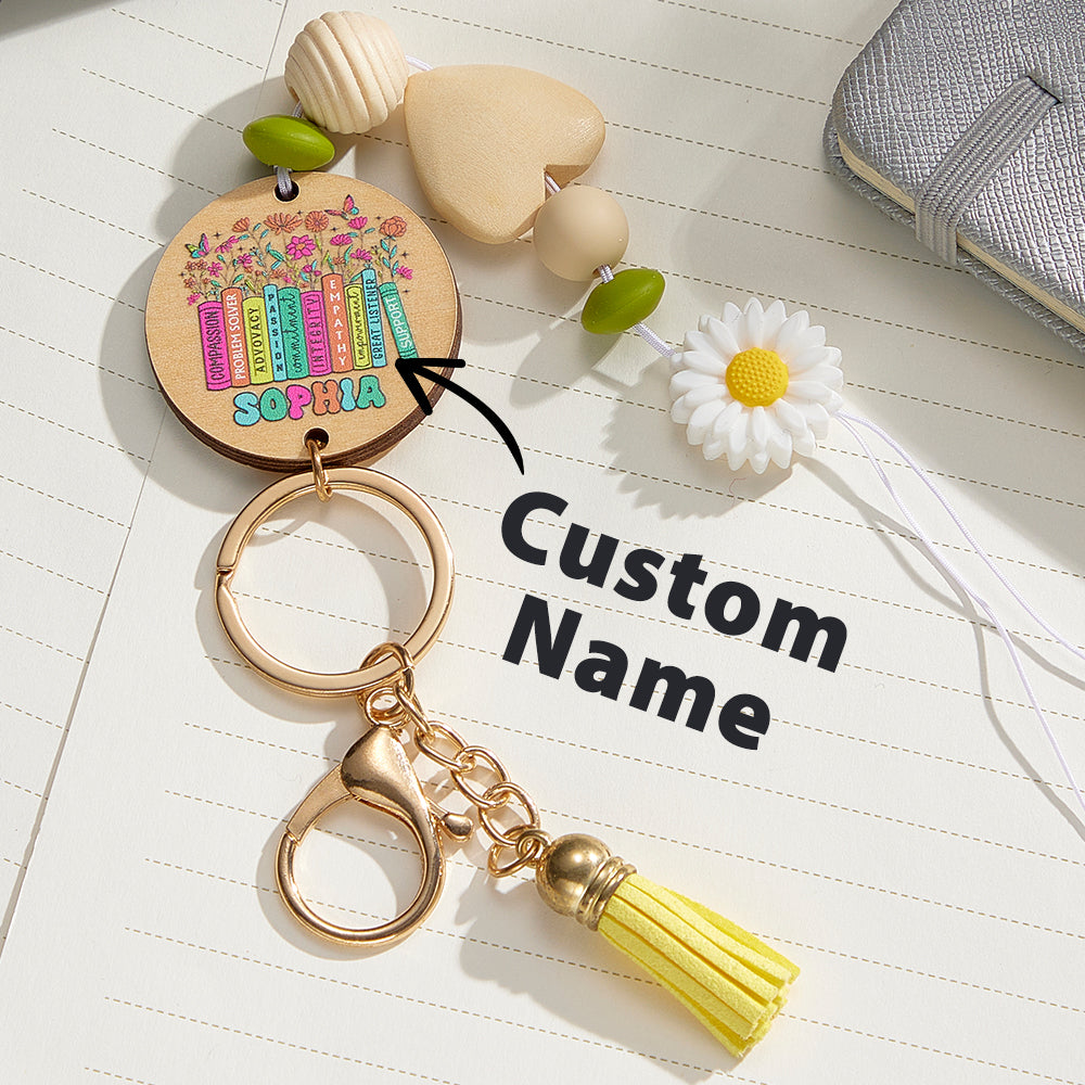 Personalized Flower Beaded Lanyard with Key Ring Thanksgiving Back to School Gift for Teacher