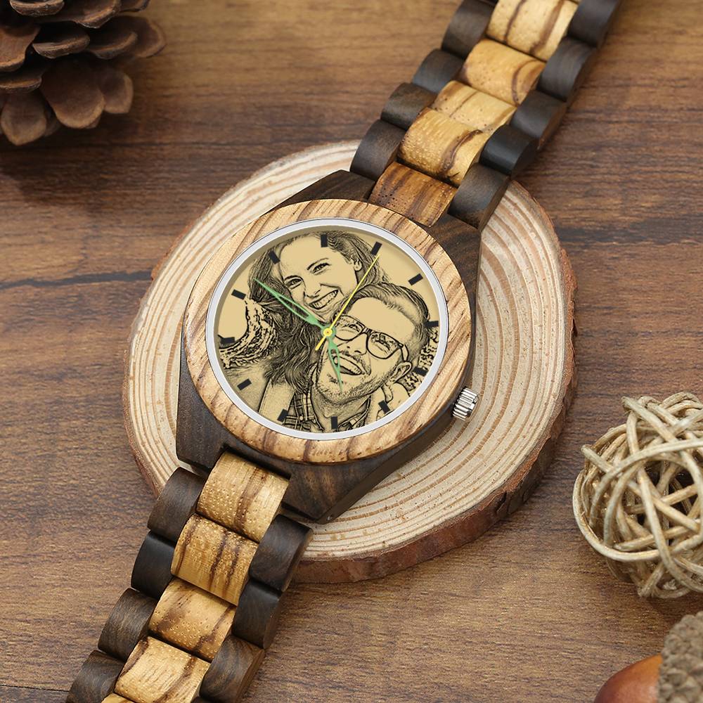 Custom Engraved Men's Wooden Photo Watch 45mm