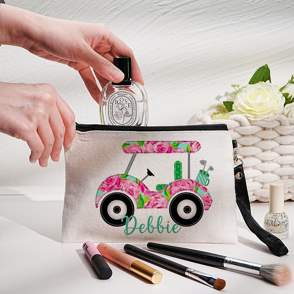 Custom Name Golf Cart Canvas Makeup Bag - Personalized and Stylish Storage