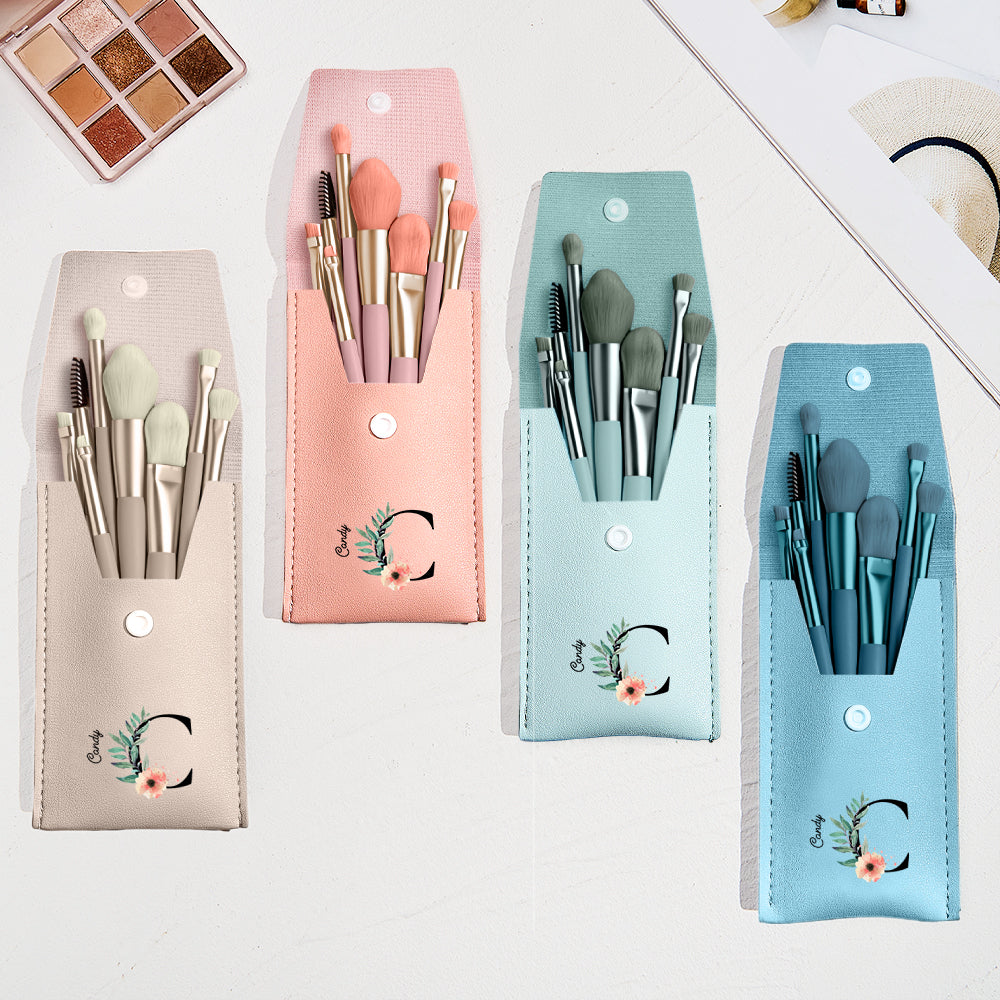 Personalized Flower PU Leather Makeup Brush Bag with 8 Pcs Makeup Brushes Gift for Her