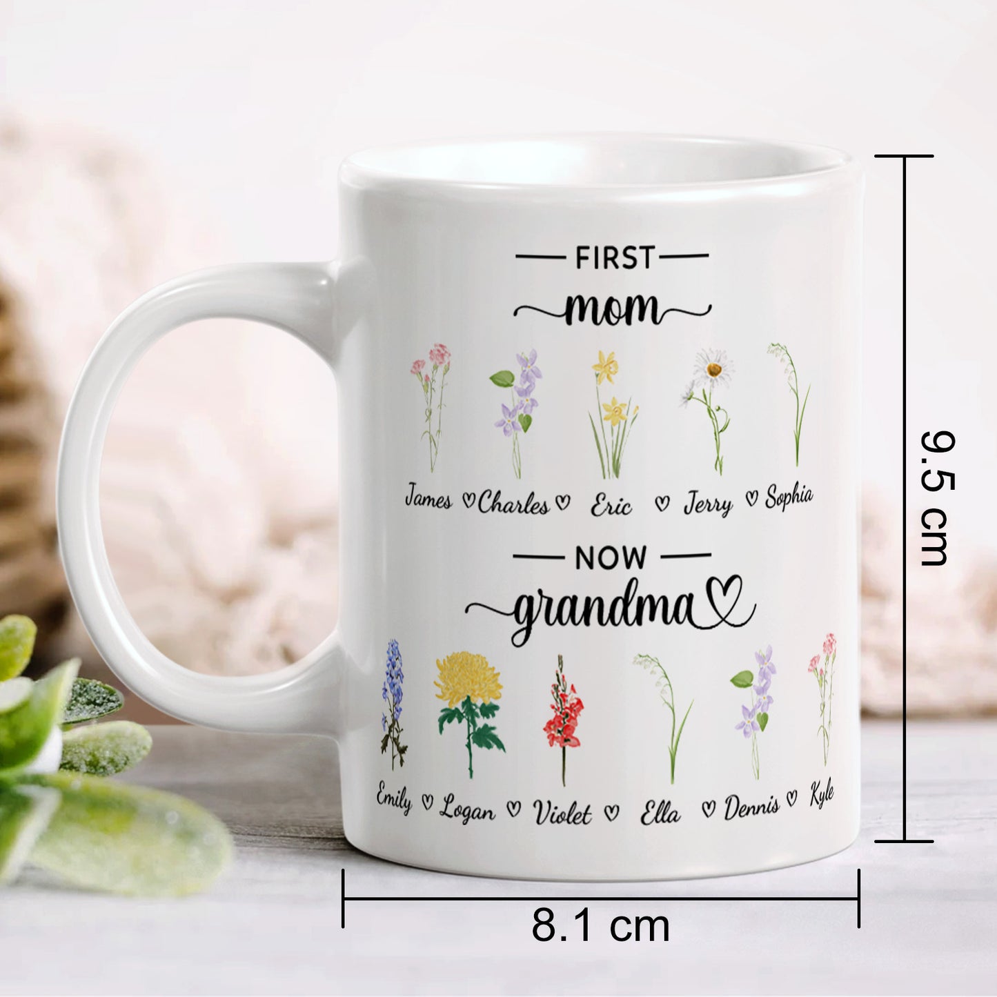 Personalized First Mom Now Grandma Mug Birth Flowers Ceramic Mug for Mother's Day Gifts