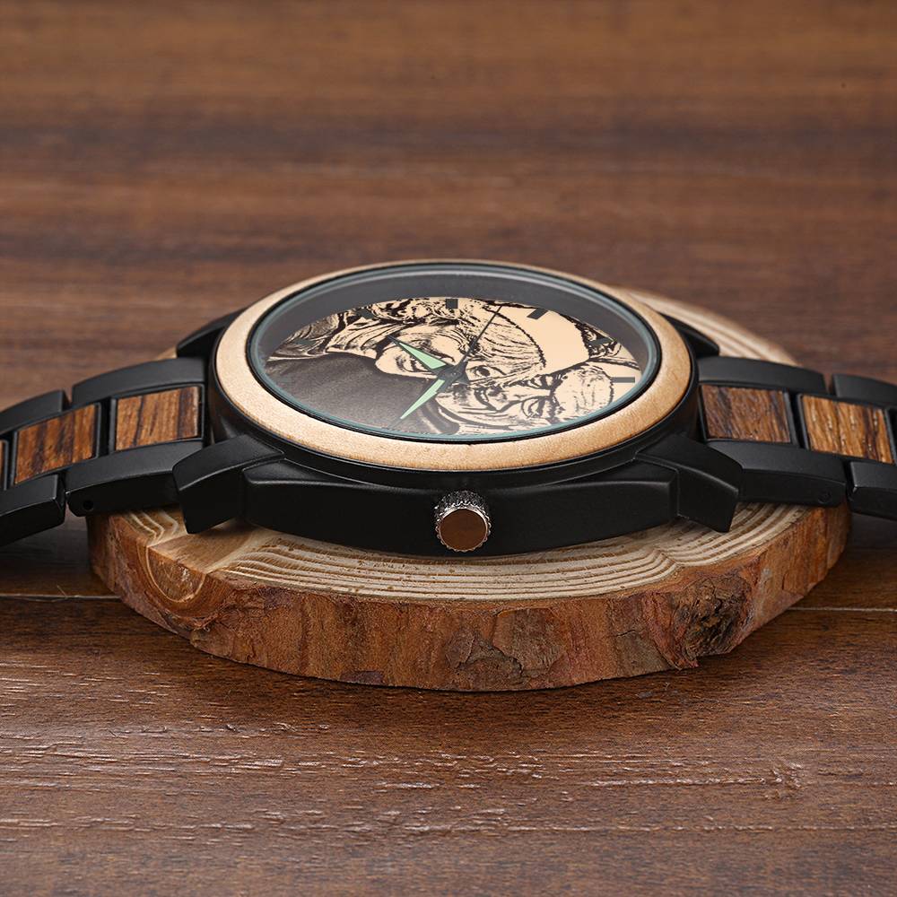 Personalized Engraved Photo Watch with Wood Strap 45mm