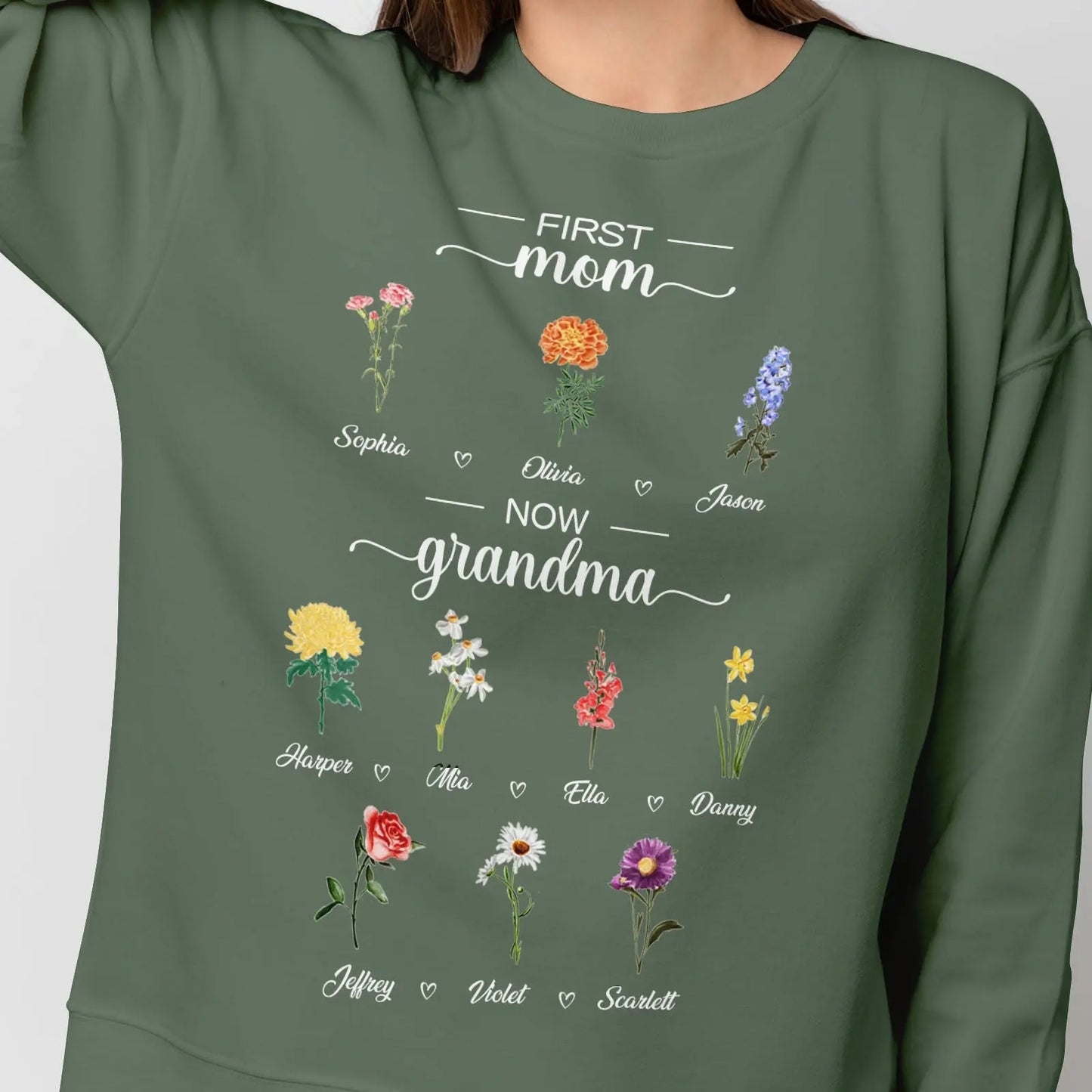 Personalized First Mom Now Grandma Sweatshirt Custom Birth Flowers Sweatshirts for Mother's Day Gift