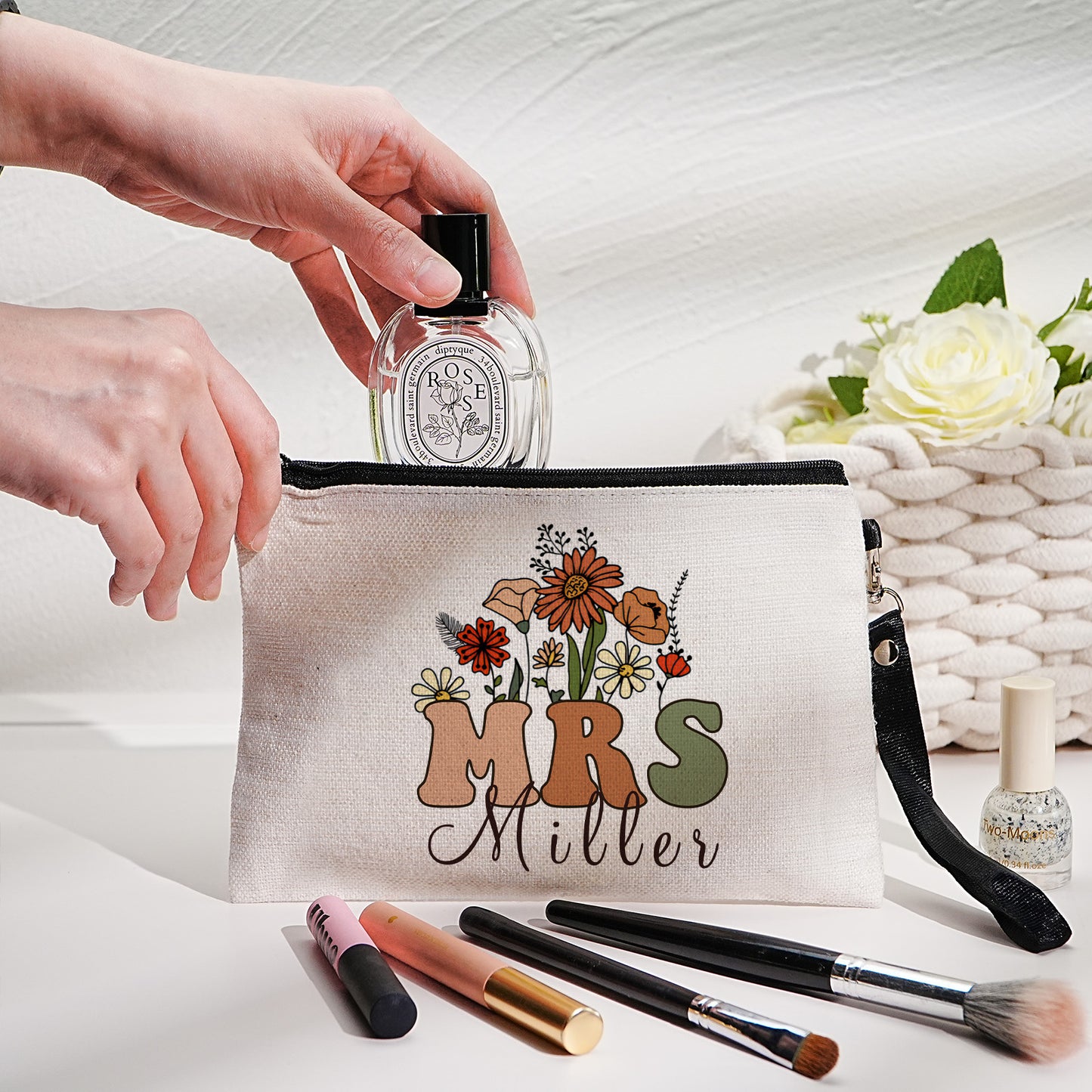 Personalized Flower Pencil Canvas Makeup Bag with Name Appreciation Back to School Gift for Teacher