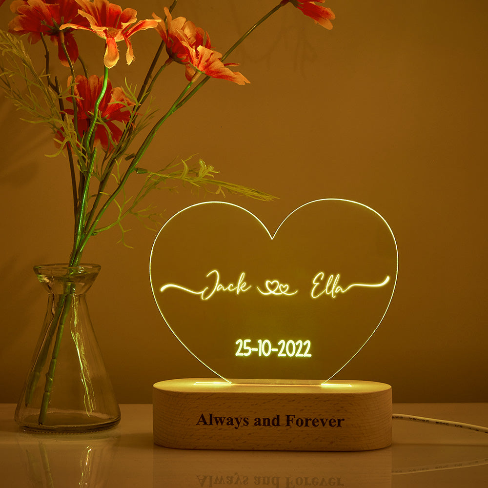 Heart Shaped Acrylic Plaque Personalized Name and Date Night Light