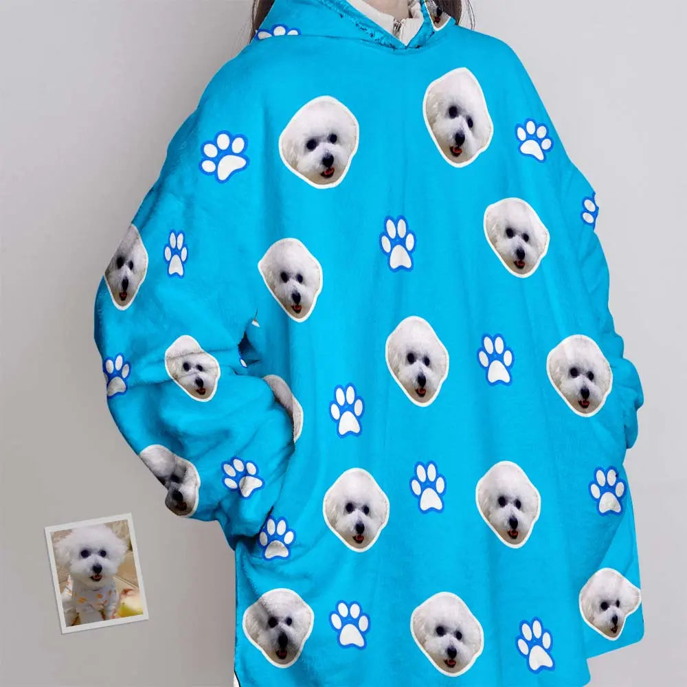 Custom Face Blanket Pajama Personalized Blanket Hoodie Gift for Women Pet Paw