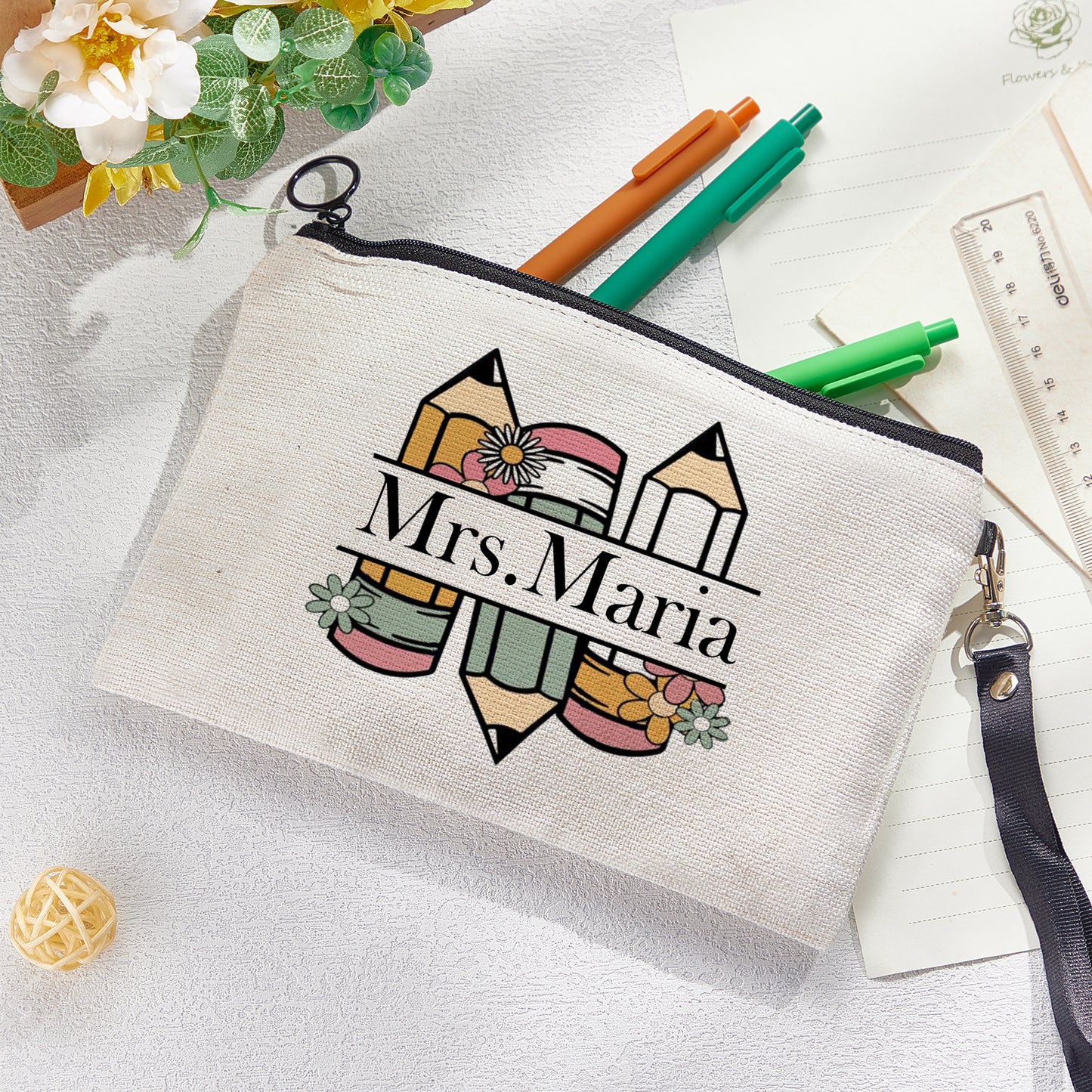 Personalized Flower Pencil Canvas Makeup Bag with Name Appreciation Back to School Gift for Teacher