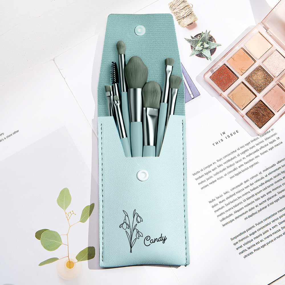 Personalized Birth Flower PU Leather Makeup Brush Bag with 8 Pcs Makeup Brushes Birthday Gift for Her