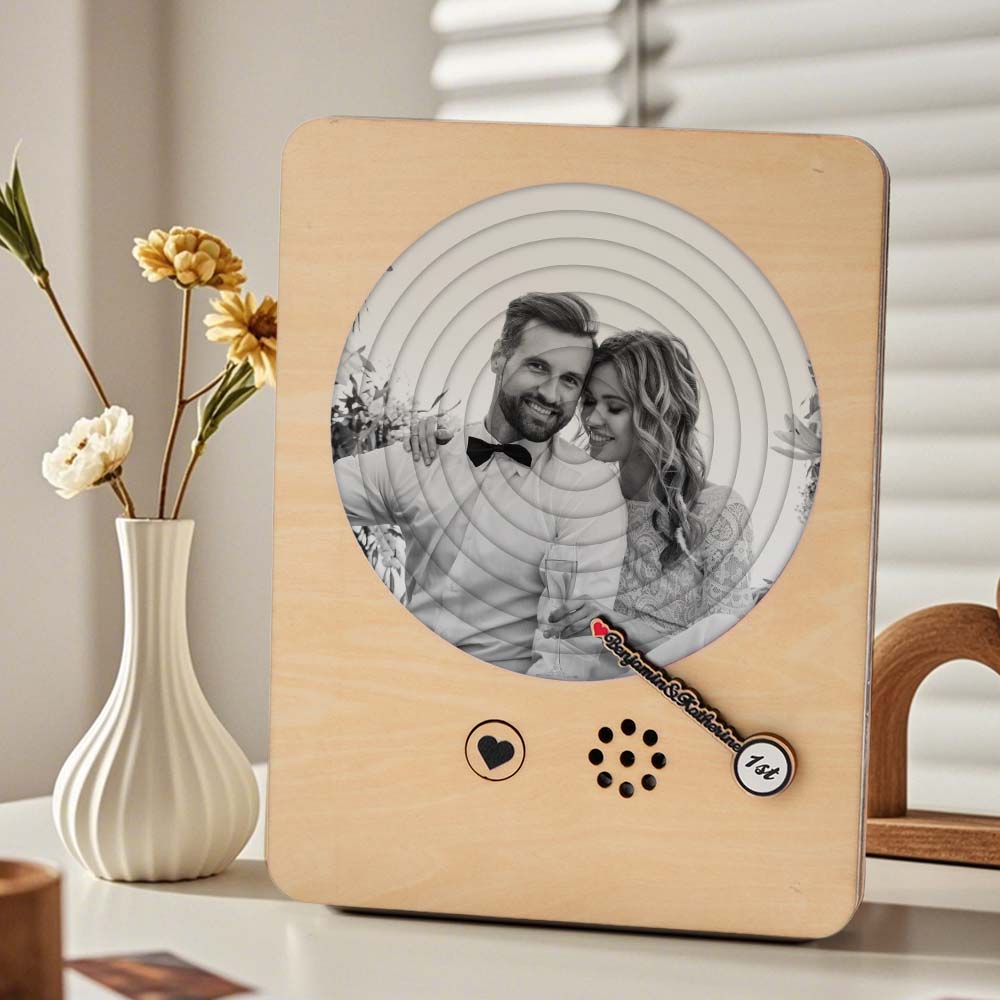 Personalized Photo Wooden Album Music Record Player Wedding Anniversary Gift for Couples