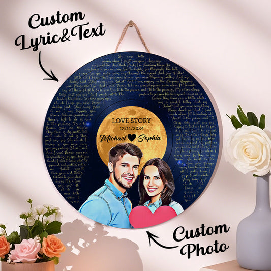 Personalized Vinyl Record Song Lyrics and Portrait Round Wood Sign Gift for Lover