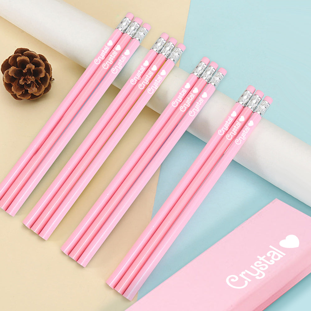 Personalized Name Pink Box of 12 HB Pencils with Eraser Pink Stationery Set Back to School Gift for Kids