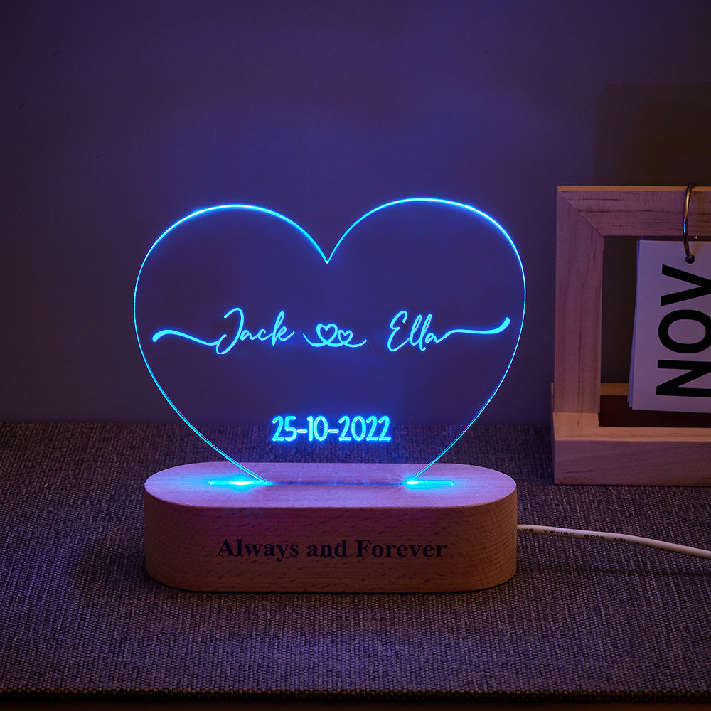 Heart Shaped Acrylic Plaque Personalized Name and Date Night Light