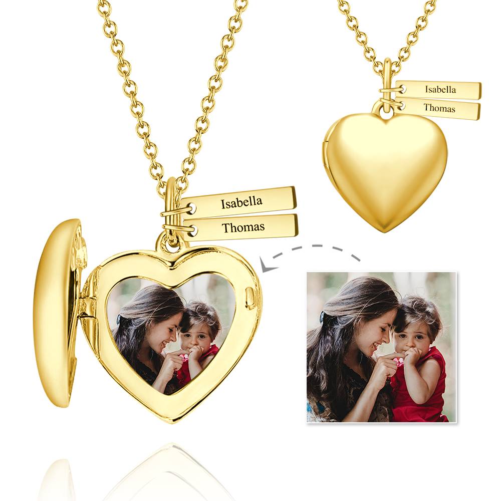 Custom Heart Photo Locket Necklace with Two Engraved Bars