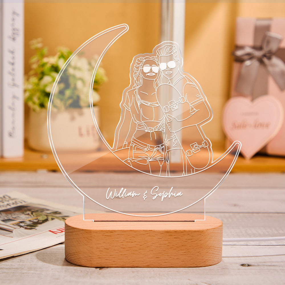 Custom Portrait Night Light Moon Line Art Photo Lamp Gift for Lover