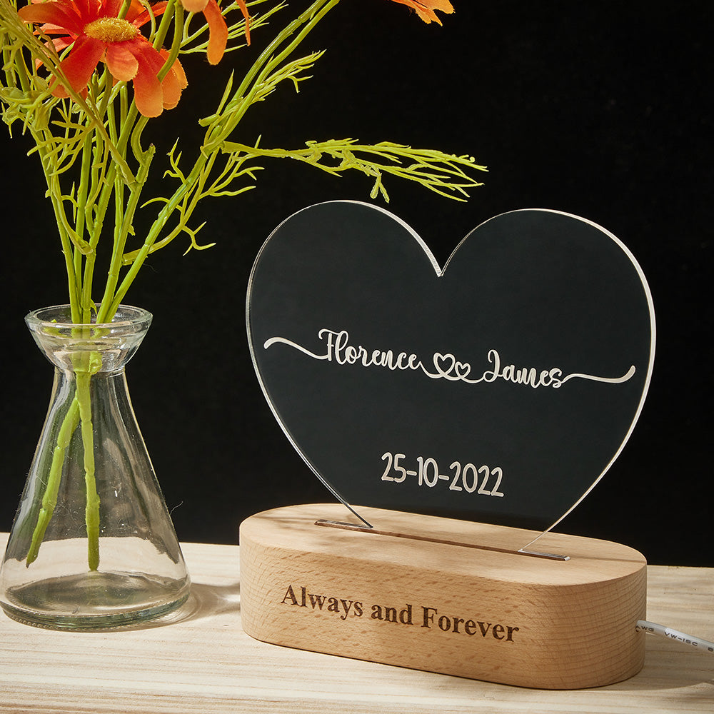 Heart Shaped Acrylic Plaque Personalized Name and Date Night Light