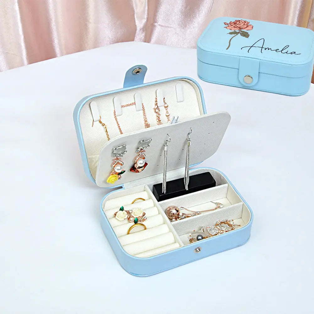 Personalized Birth Flower Leather Travel Jewelry Box with Name Waterproof Multiple Compartments Birthday Bridesmaid Gift for Women Girls