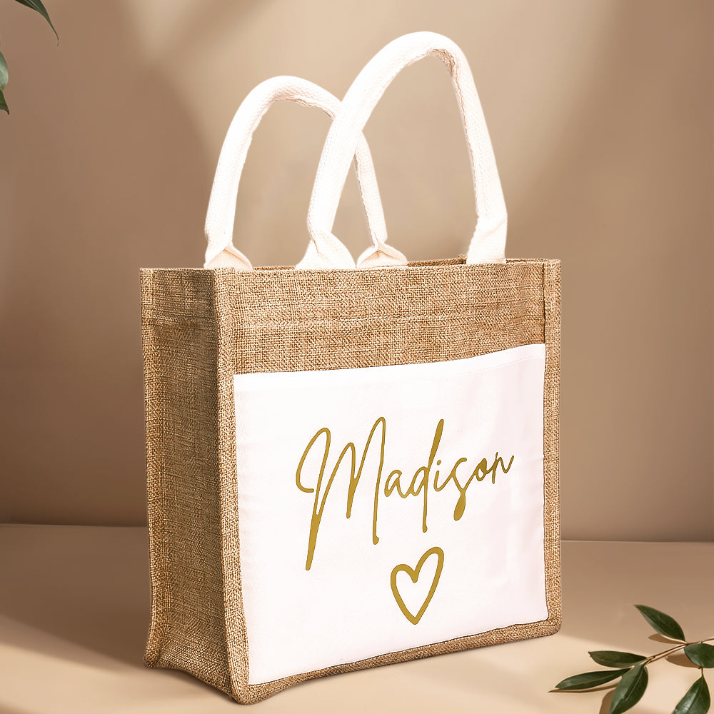 Personalized Jute Tote Bag with Pocket Reusable Beach Travel Accessory Bridal Party Wedding Gift for Her