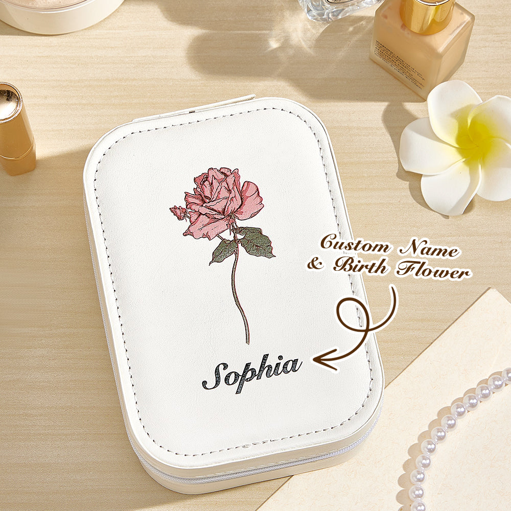 Personalized Birth Flower PU Leather Jewelry Box with LED Makeup Mirror Birthday Gift for Her