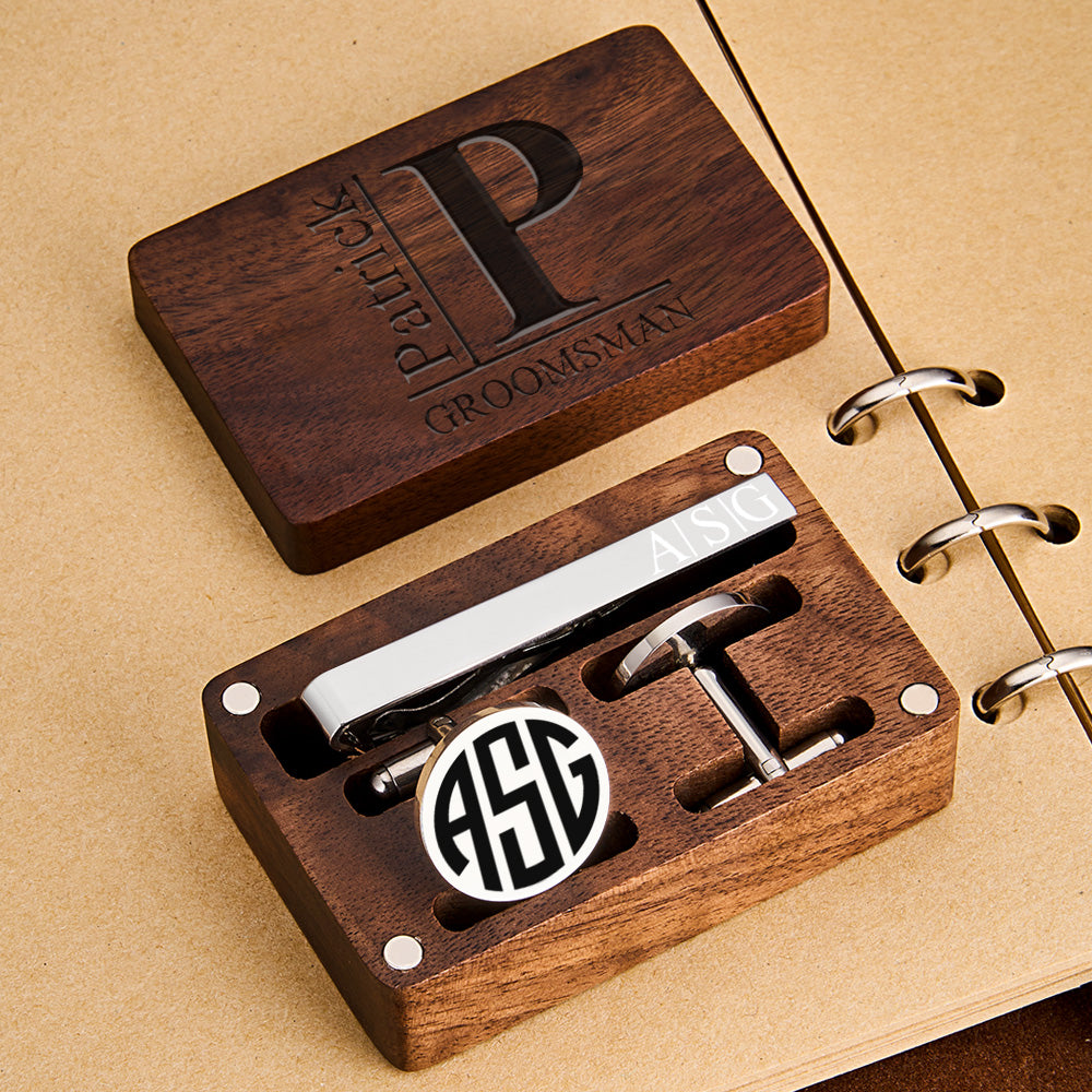 Personalized Engraved Tie Clip and Cufflinks Set with Wooden Box Wedding Gifts for Men