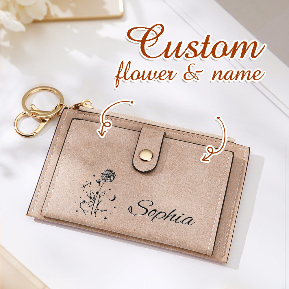 Personalized Zodiac Birth Flower PU Leather Wallet Birthday Anniversary Gift for Her