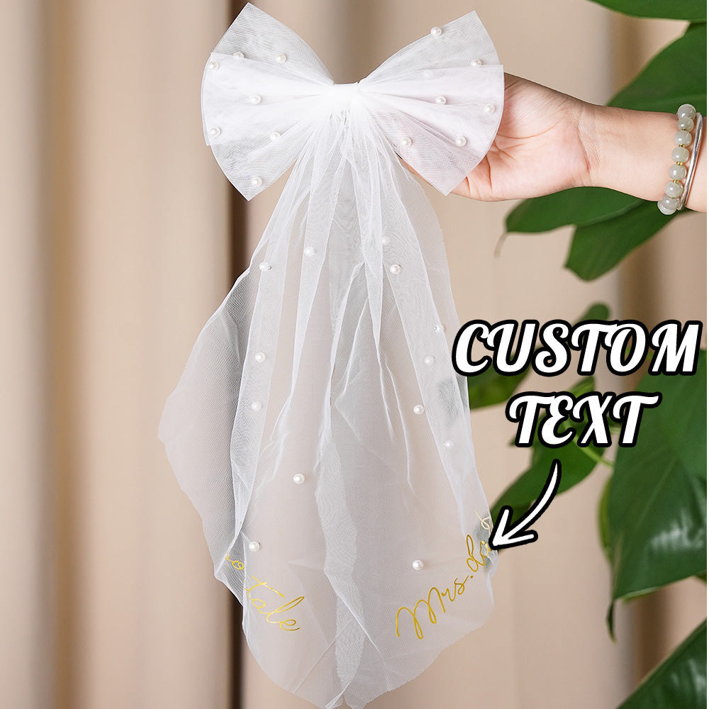 Personalized Pearl Bride Bow Clip Veil with Text White Veil Engagement Wedding Gift for Her