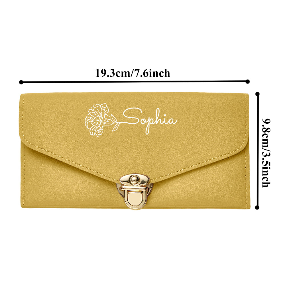 Personalized PU Leather Wallet Custom Birth Flower Wallet with Name Birthday Gift for Her