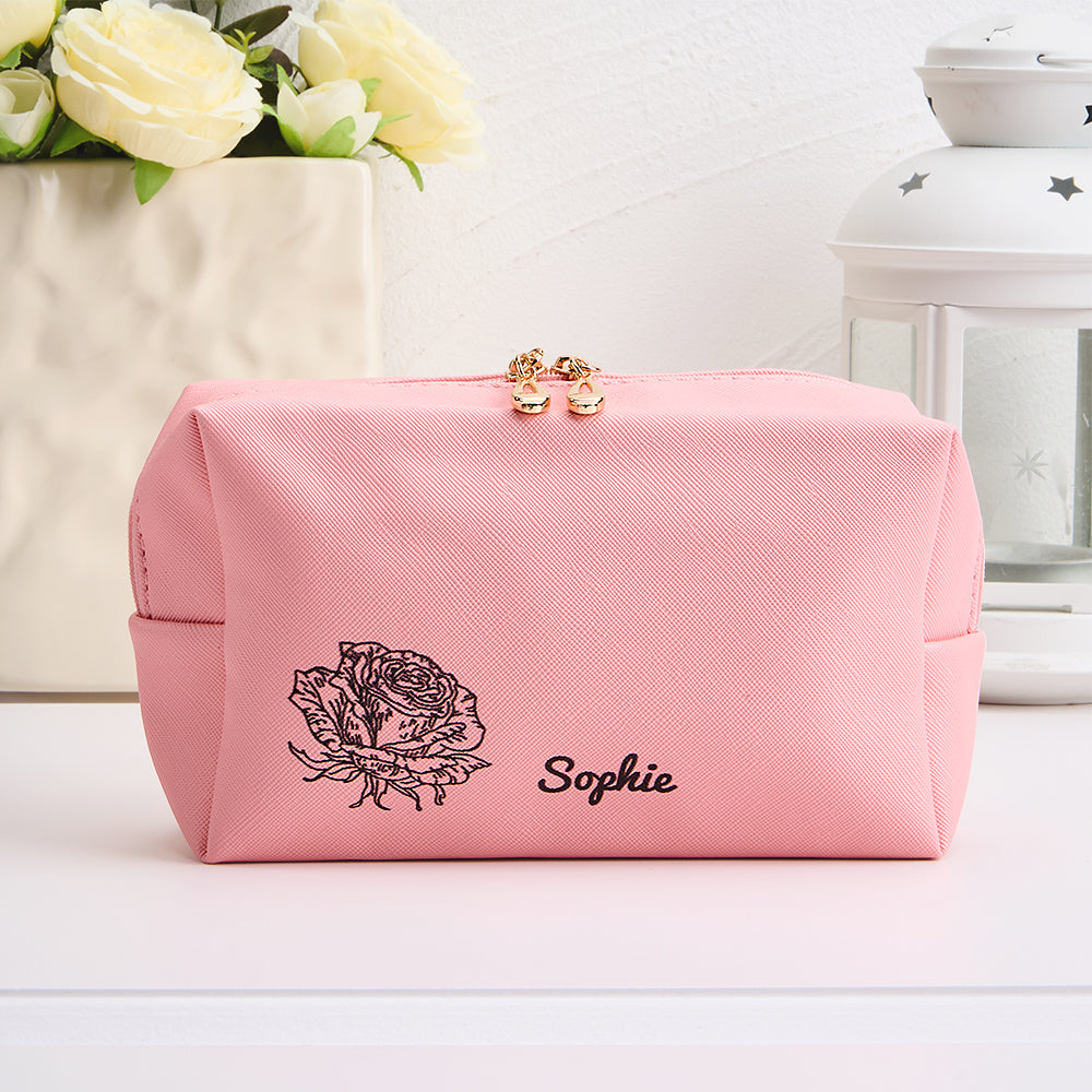 Personalized Birth Flower Makeup Bag Large Capacity Leather Cosmetic Bag Gift for Her