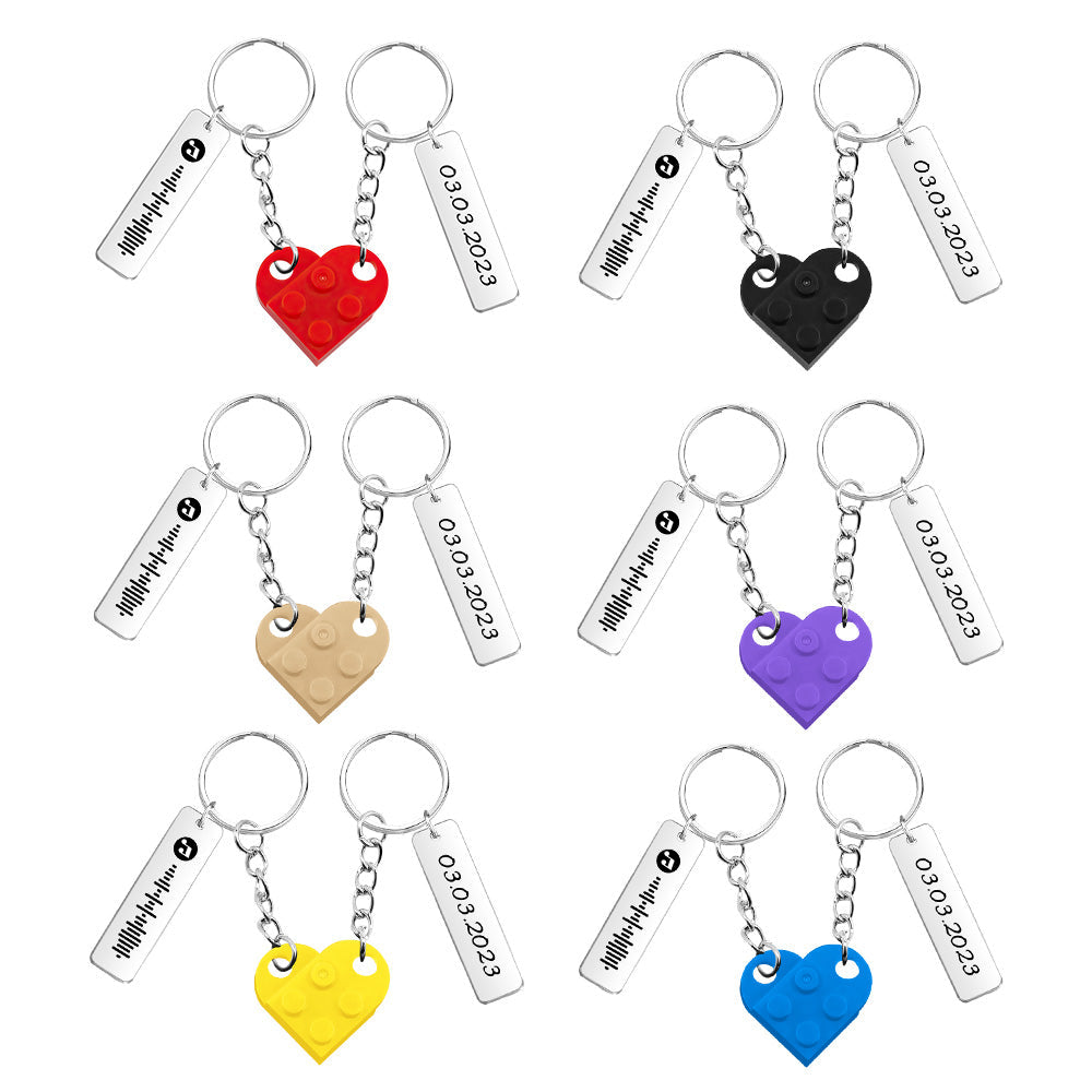 Personalized Music Code and Date Matching Couples Love Heart Bricks Keychain for Couples