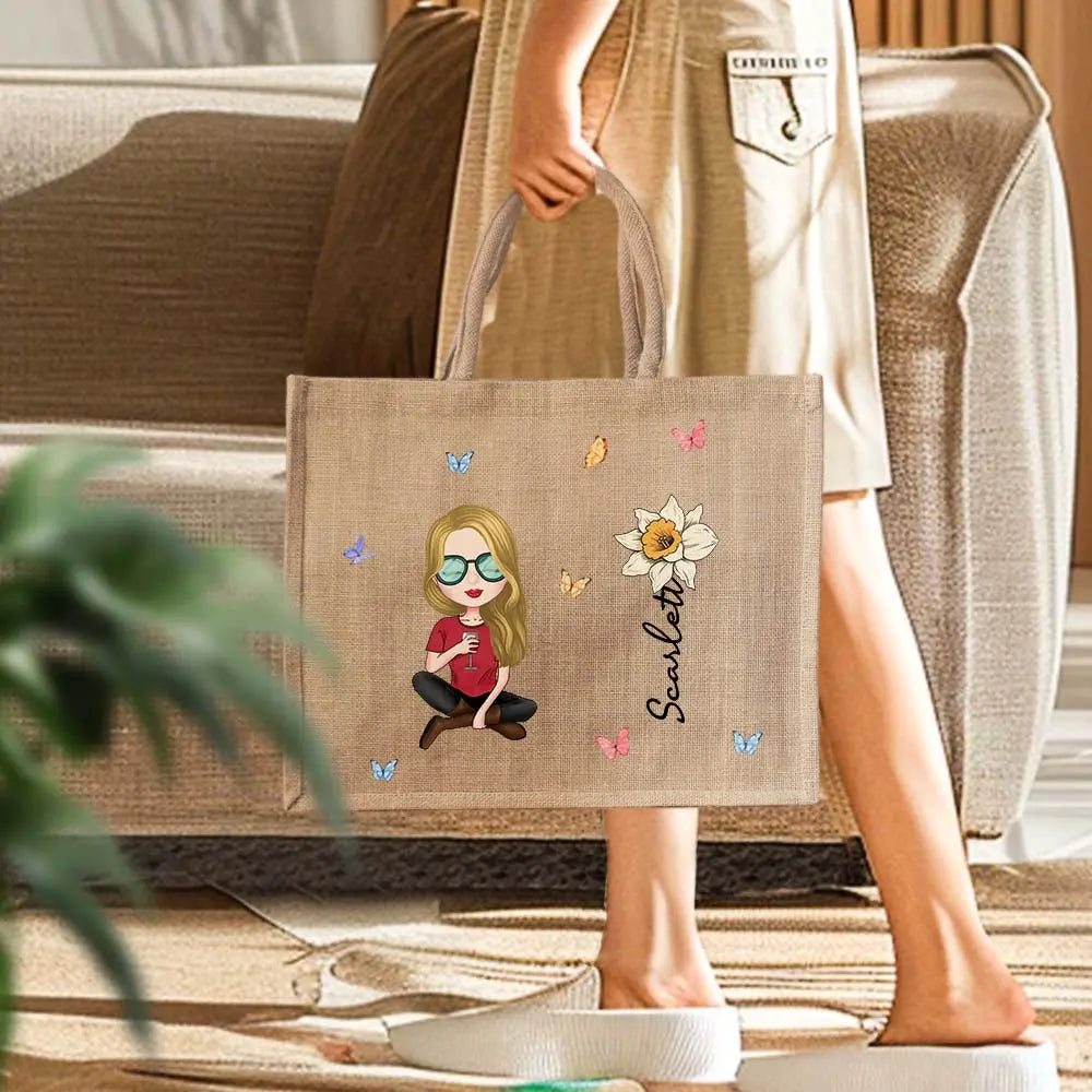 Personalized Cartoon Women Girl Birth Flower Grandma's Garden Jute Tote Bag with Name Wedding Birthday Gift for Her