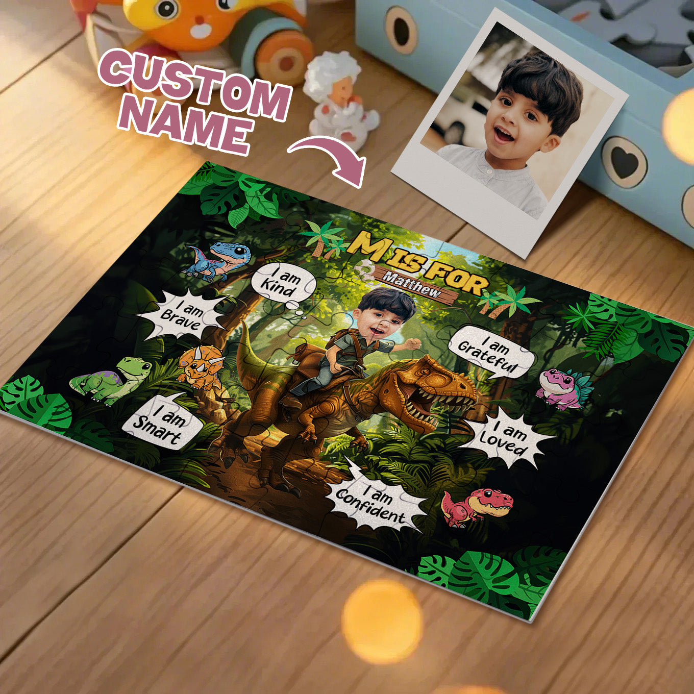 Personalized Photo Jigsaw Puzzle Little Boy Riding Dinosaur Gift for Kids