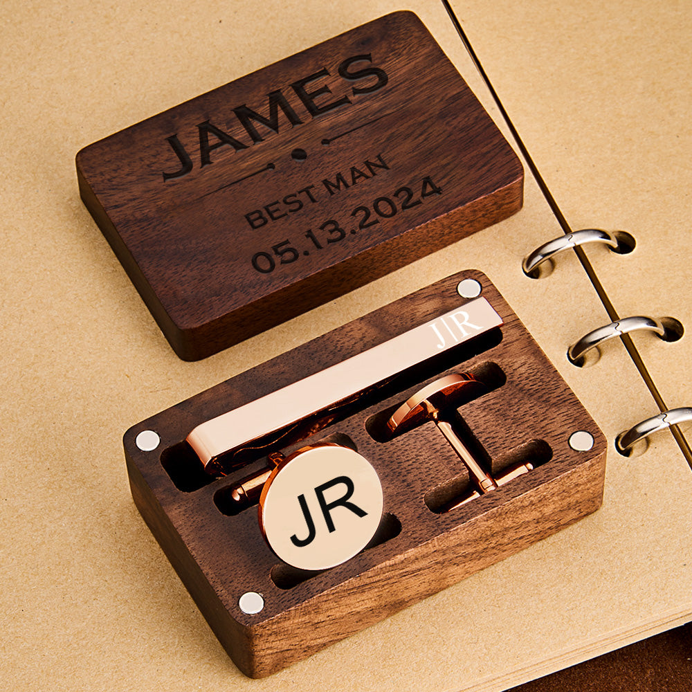 Personalized Engraved Tie Clip and Cufflinks Set with Wooden Box Wedding Gifts for Groomsmen