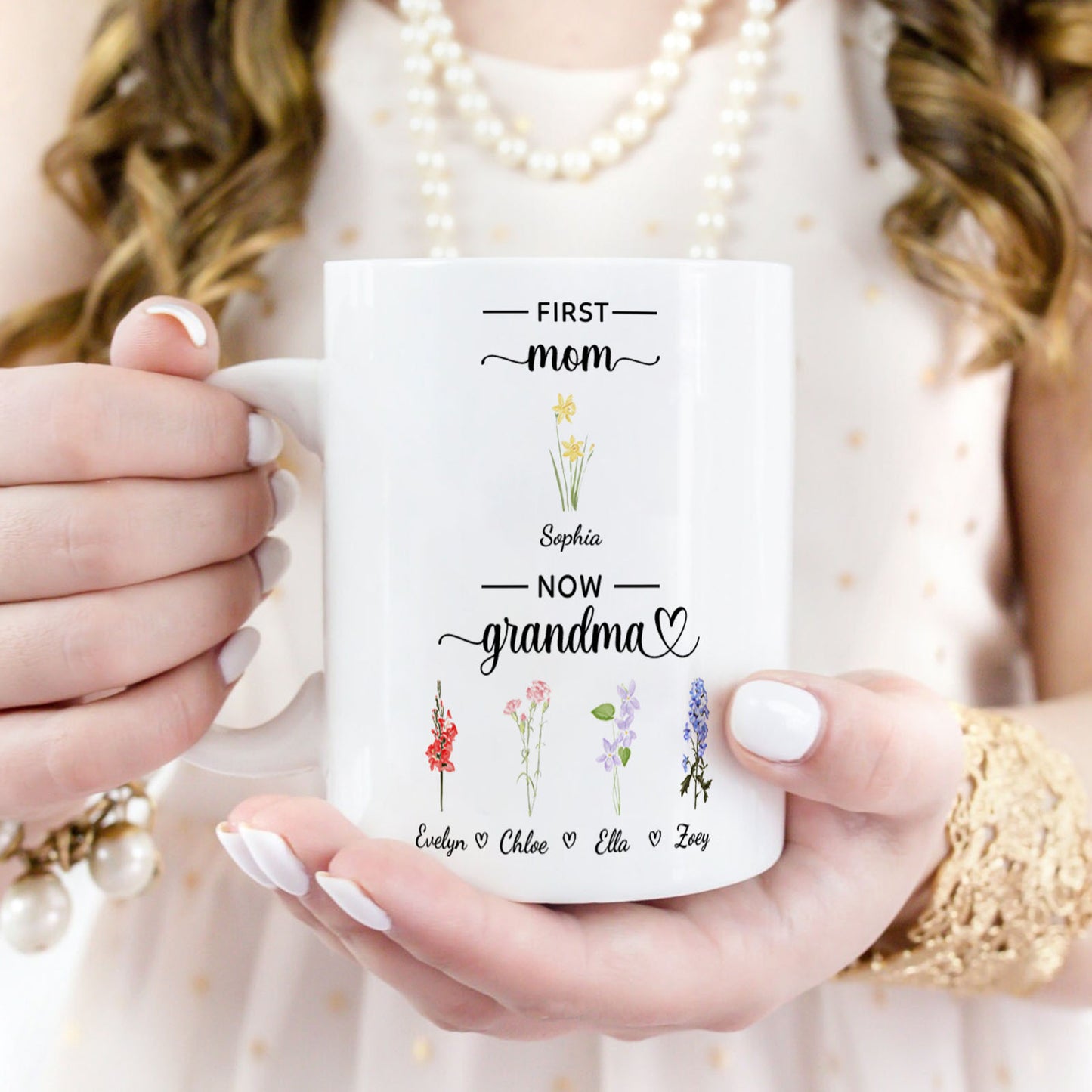 Personalized First Mom Now Grandma Mug Birth Flowers Ceramic Mug for Mother's Day Gifts